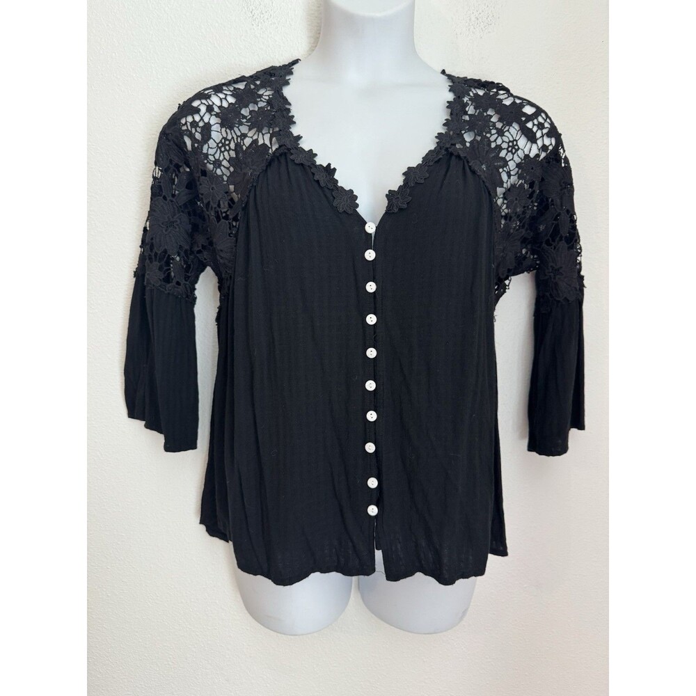 Black Crochet Blouse Top Blouse Button Up 3/4 Balloon Sleeves Boho Whimsygoth M